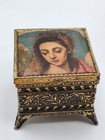 Vintage Victorian Gold Tone Ornate Scroll Jewelry Trinket Box Silkscreen Lid