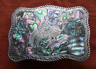 Vtg Sterling Silver Cowboy Horse Rodeo Abalone Inlay Western Belt Buckle