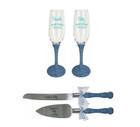 Light Blue Glitter Toasting Flutes And Cake Knife Server Set  Wedding Gift