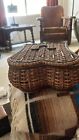 Antique Victorian Wicker Rattan Sewing Basket Green Satin Lining
