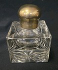 Antique Cut Glass Large Inkwell With Brass Hinged Dome Lid 5  Tall 