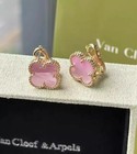 Vca Vintage Alhambra Earrings Pink Opal 1 Motifs 18k Yellow Gold Clover