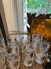 Vtg Mid Century Libbey Glasses Gold Oak Leaf Frosted Set Of 8 With Metal Caddy