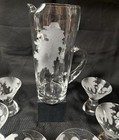 Vintage Mcm Martini Cocktail Set Pitcher   6 Glasses Etched With Leaf Pattern