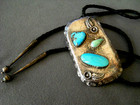 Large Douglas Southwestern Turquoise Sterling Silver Leaves Stamp Work Bolo Tie