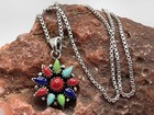 925 Sterling Silver Turquoise Coral Lapis Flower Pendant Necklace Southwest Vtg