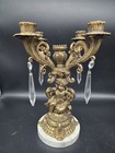 Pair Of Antique Ornate Brass W marble Base Cherub  5 Candle Holder