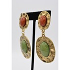Vintage Cabochon Clip On Earrings Antiqued Gold Clay Green Lucite Nos 80s Bina13
