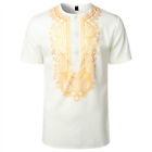 Men s African Traditional Hidden Button Short Sleeve Shirt Dashiki Print Ethnic