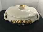 Vtg 1970s Arnel   s Ceramic Mushroom Soup Tureen W lid   Handles Mcm White   Gold