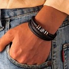 Men s Multilayer Braided Leather Stainless Steel Magnetic Bracelet Bangle Cuff