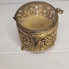 Vintage Matsons Filigree Ormolu Oval Casket Jewelry Box Beveled Glass Brass Gold