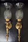 Vintage Brass Candle Stick Wall Sconce With Etched Glass Globe Shade Flute 