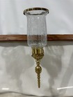 Vintage Pair Solid Brass Wall Sconce Candle Holders Crackle Glass Shades 15   