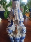 Vintage Porcelain Chinese Guan Yin Statue  10 Inches Tall  White Blue Gold Trim