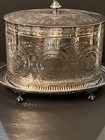 Antique Silver Plate Etched Footed Biscuit Barrel Jar W Attached Under Tray