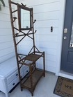 Antique Vintage Burnt Bamboo Hall Tree   With Mirror  Hooks