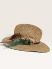 Women s Vintage Beige Straw Fedora Wide Brim Hat Blue Band Feather  One Size
