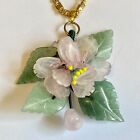 Vintage Jade Pink Quartz Flower Pendant Necklace Gold Plated 16-18  Choker
