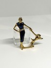 Art Deco Flapper Lady Walking Dog Brooch     Cobalt Blue Enamel  Rhinestone Pin