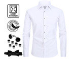 Men s Slim Fit Dress Shirt White 4-way Stretch Convertible Tuxedo And Regular