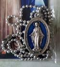Large 1 1 4  Blue Miraculous Medal Mary Pendant Necklace 24  Chain W  Holy Card