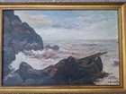 Antique Oil Painting Seascape Marine Boat Rock Sea Shore Framed Signed On Panel