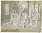 Antique Glass Plate Negative   Group On Porch W baseball Glove  Bat   Puppy