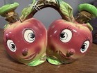 Vtg Anthropomorphic Double Apple Faces Oil   Vinegar Cruet Decanter Wooden Corks