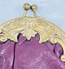 Antique Victorian Italian Leather   Fancy Brass Coin Purse Kiss Lock Burgandy