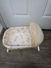 Vintage White Wicker Rocking Doll Cradle Teddy Bear Balloon Lining 20 Inch