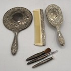 Vtg Silver Plated Vanity Set Hand Mirror  Brush Comb Make-up Brushes Patina