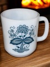Set Of 5 White Milk Glass Glasbake Blue Onion Flower Coffee Tea Cup Mug Vintage 