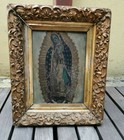 Antique Mexican Tin Retablo Our Lady Of Guadalupe Wood Frame Folk Art Ex-voto