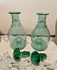 Vintage Pair Of Green Decanters Bar Back Stoppers Nice Pair