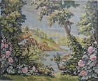 Vintage French Wool Completed Needlepoint Pastoral Lush Garden Scene