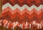 Vintage 70s Handmade Crochet Afghan Blanket 54x78 Zig Zag Chevron Salmon Fringe