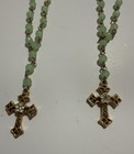 Vtg Green Glass Bead Rosary Necklace Bracelet Caplet Set Metal Cross Catholic 2