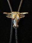Vintage Silver Tone Metal Bull Steer Cow Red Eyes Bolo Tie 