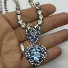 Vtg Art Deco Style Blue Heart Rhinestone Pendant Chain Necklace 16    Silvertone