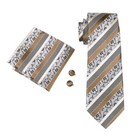 3 Pcs-men s Tie Set Brown Striped Necktie Pocket Square Cufflinks Wedding Party