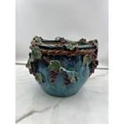 Vtg Majolica Planter Pottery Grape Vine Teal Blue Glaze 3d Relief Cachepot 8 