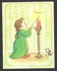Unused Vintage Christmas Card Girl   Kitten Matthew 5 14 Ye Are The Light Of The