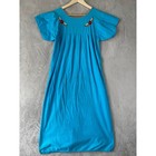 Vintage Boho Mexican Oaxacan Hand Embroidered Puebla Huipil Midi Dress Blue Aqua
