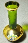 Vintage Antique Gold Rimmed 4 1 2  Tall Floral Green Glass Vase 