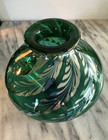 Correia Art Glass Vase Emerald Green W  Silvered Feather Swirl Baluster Form