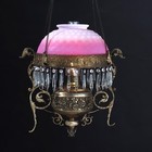 Victorian Brass  Bronze   Crystal Chandelier With Peachblow Hobnail Glass Shade