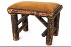 Antique Adirondack Twig Footstool Rustic Log Wood Stool Original Upholstery