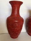 Fine Pair Of Vintage Chinese Red Cinnabar Carved Lacquer Enamel Vases 12   