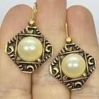 Vtg Art Deco Faux Pearl Cabochon Scroll Goldtone Drop Statement Earrings Hook